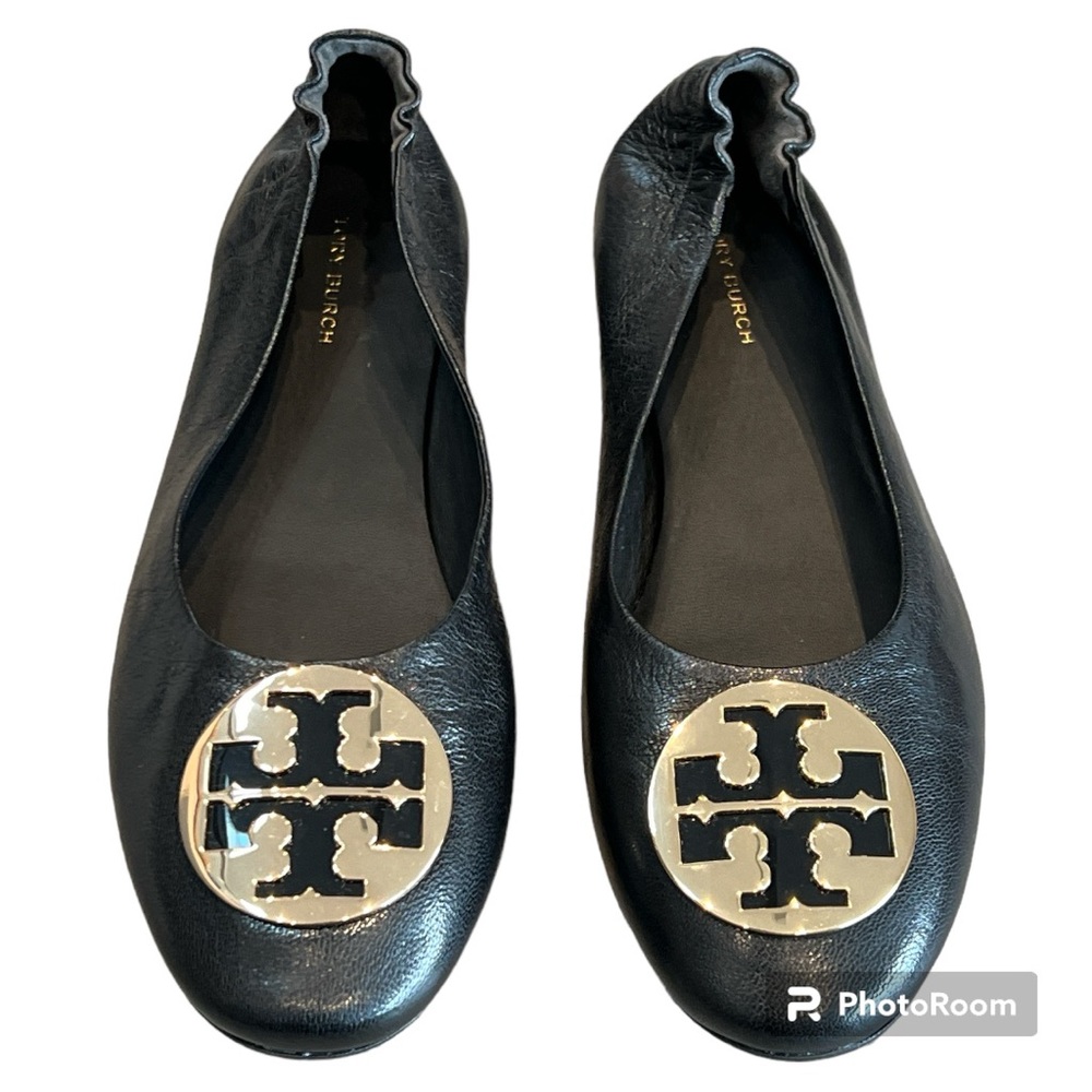 Tory Burch Claire ballet ballerina flats shoes perfect black gold 8 NEW